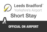 The logo reads Leeds Bradford Yorkshire's Airport Short Stay Official On Airport. It also includes the outline of a walking figure with luggage