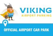 The logo shows a cartoon viking with a plane icon on his shield. The text on the logo reads - Viking Airport Parking Official Airport Car Park